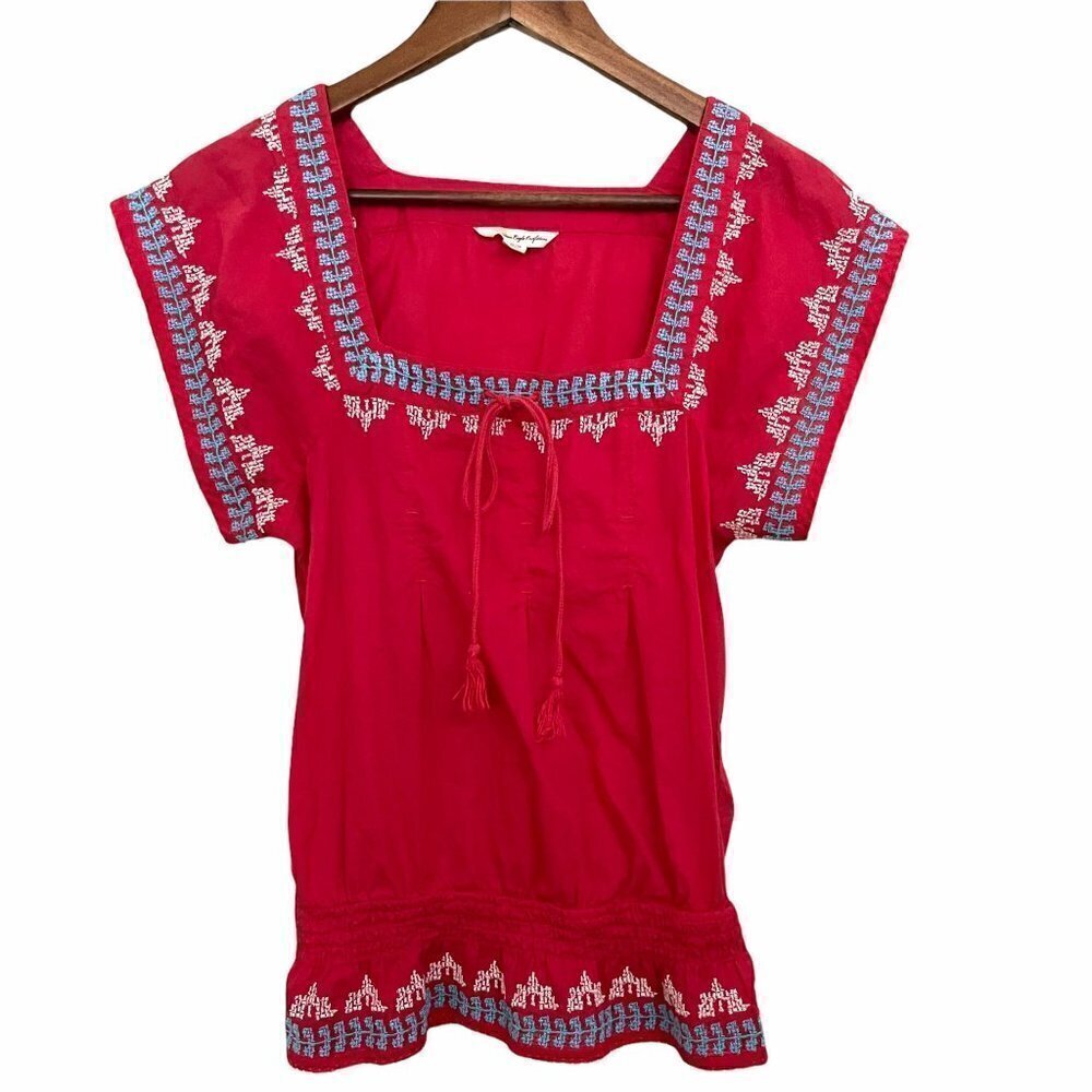 American Eagle Red Embroidered Square Peasant Smocked Tassel Tie Bohemian Blouse